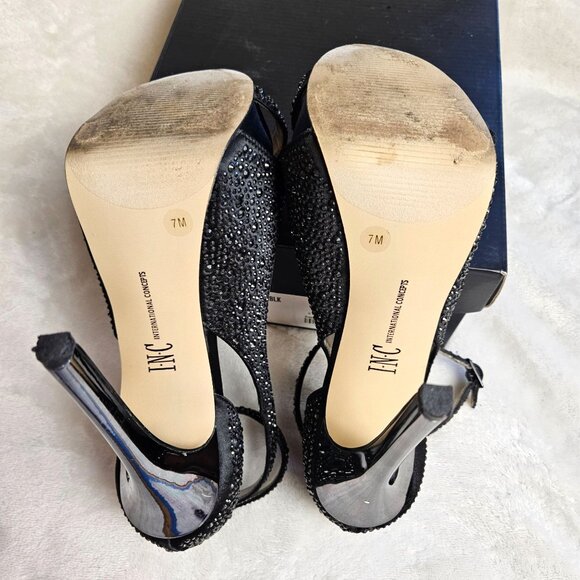 INC Black Rhinestone Embellished Platform Heels With Ankle Strap & Stiletto  Siz - Picture 5 of 12